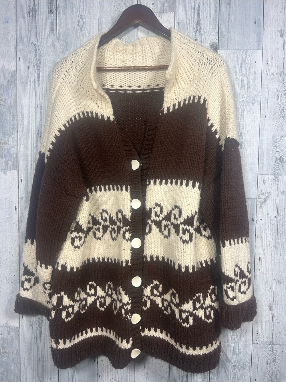 Handmade Brown Cream Chunky Knit Cardigan L Boho Western Folkcore Grandmacore